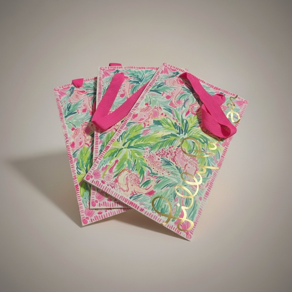 Lilly Pulitzer Gift Bags Set of 3 Seahorse Palm Print Gold Foil Pink Ribbon SM